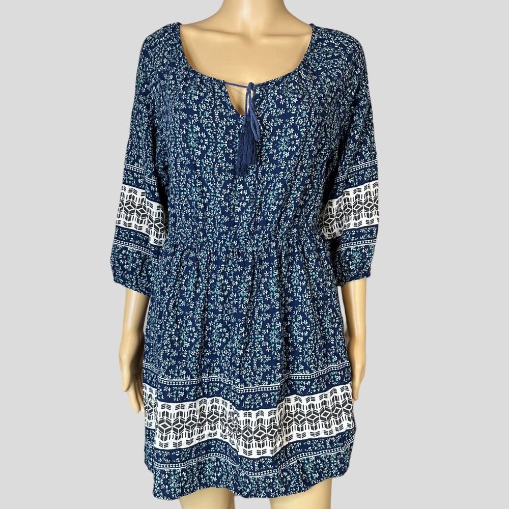 Addie Bohemian Mini Dress Medium Blue Green Floral 3/4 Sleeves Elastic Waist